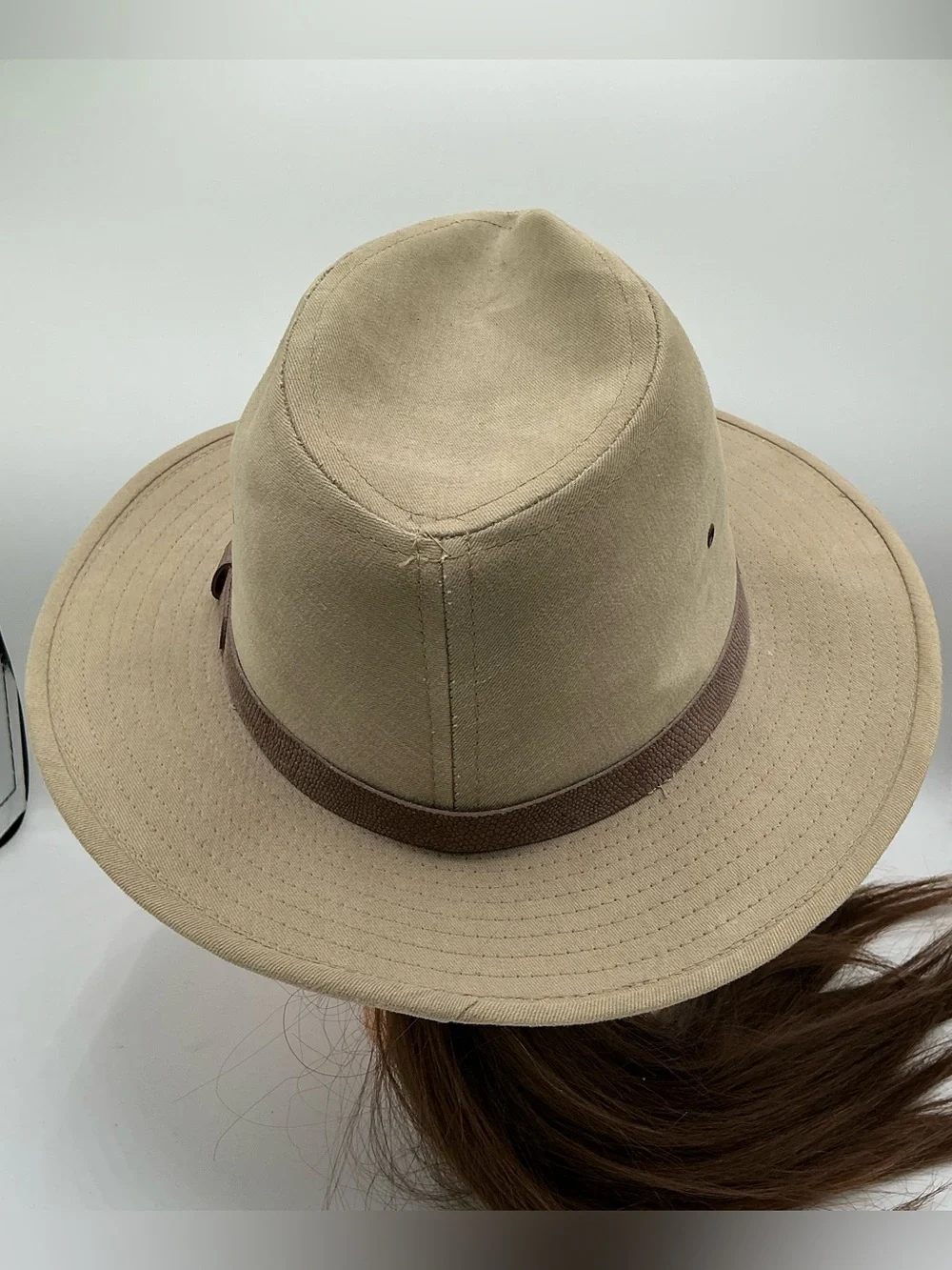 Vintage Safari Hat Made in USA Stiff Khaki Tan Fedora Cap size L